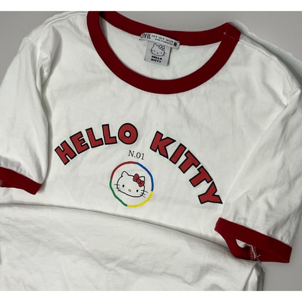 Hello Kitty x Zara Ringer Graphic T Shirt White Black Womens S Short Sleeve Tee
